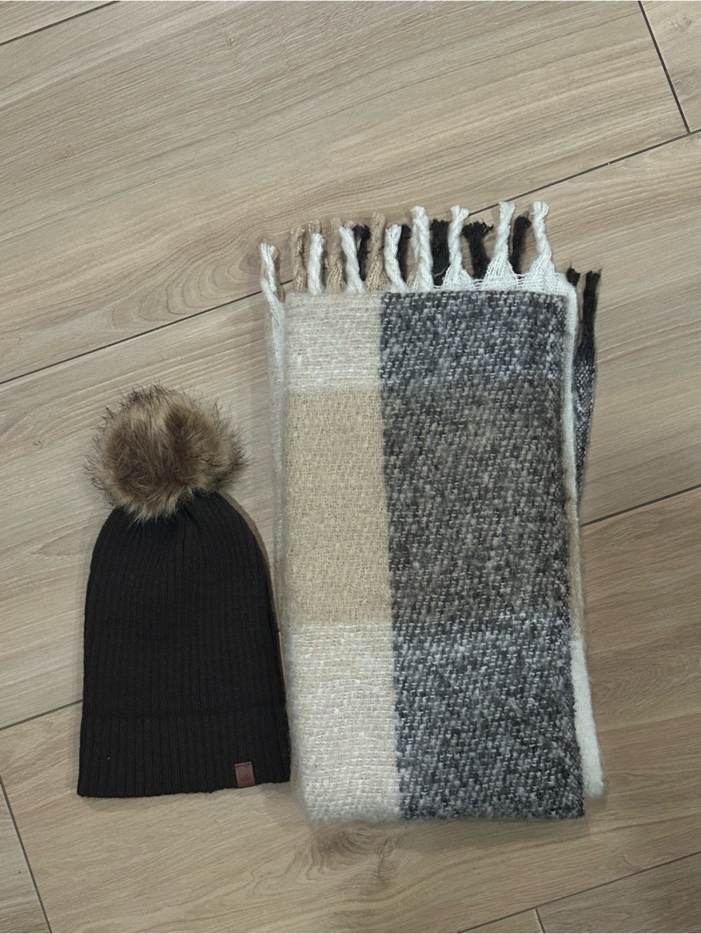 Cozy Knit Beanie with Faux Fur Pom & Plaid Fringe Scarf - Brown, Cream, Gray